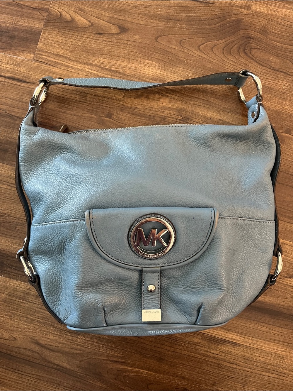 Michael Kors Fulton Slate Blue Pebbled Leather Shoulder Bag with Silver MK Logo